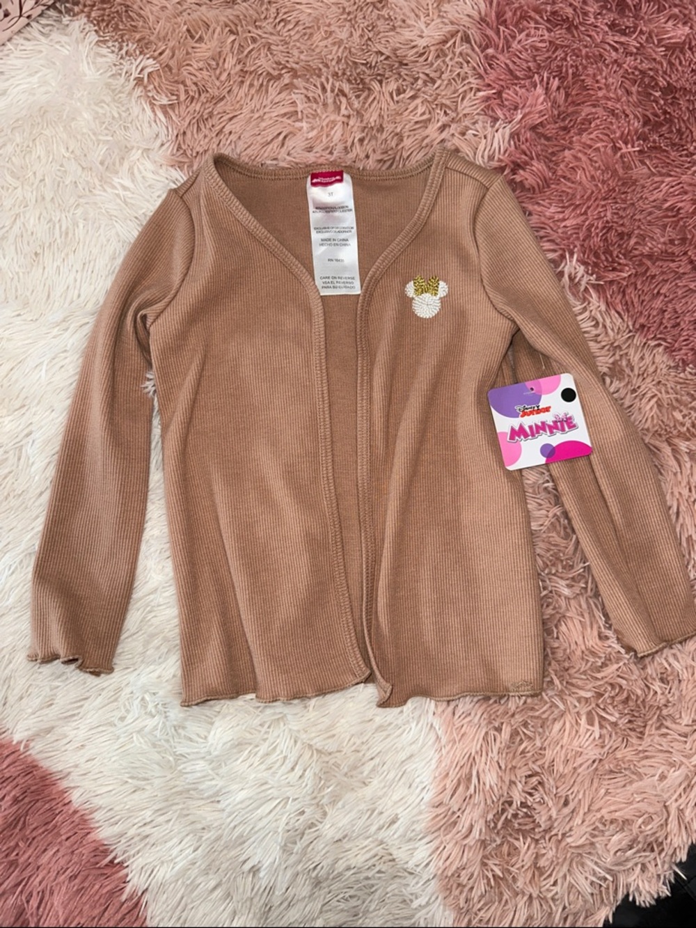 Disney Minnie Girls Beige Ribbed Cardigan with Pineapple Detail